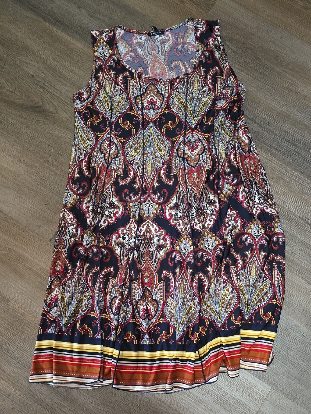 Sami & Jo Black Paisley Print Sleeveless Dress with Red and Gold Accents